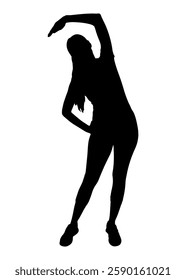 Silhouette of woman performing lateral bending exercise. Vector illustration