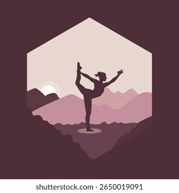 Silhouette of a Woman Performing a Yoga Pose on a Mountain at Sunrise in Minimal Landscape Style. This Peaceful Yoga Scene Highlights Balance, Nature, and Serenity.