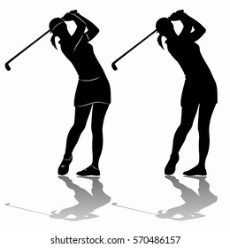 silhouette of a woman playing golf, black and white drawing, white background