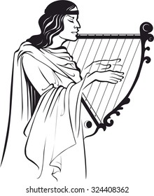 Silhouette of woman playing a harp. Isolated on a white background