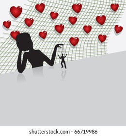 Silhouette of woman playing with man as marionette and collection of hearts on background