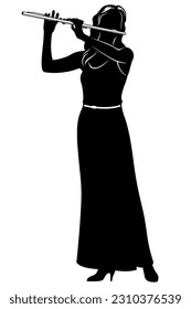 Silhouette of woman playing on a flute. Vector clipart isolated on white.