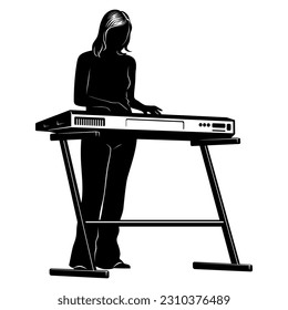 Silhouette of woman playing on a music keyboard. Vector clipart isolated on white.