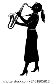 Silhouette de una mujer tocando un saxofón. Vector de clipart aislado en blanco.