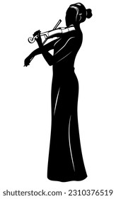 Silhouette of woman playing on a violin. Vector clipart isolated on white.