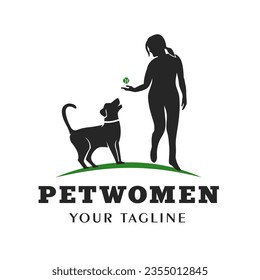 Silhouette of Woman Playing with Pet Dog. Dog Trainer Animal Lover Illustration Design