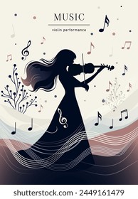 Silhouette of a woman playing violin, musical notes and stylish flourishes, on a decorative abstract background, concept of an artistic music performance. Vector illustration