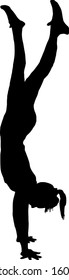 Silhouette of a woman with a ponytail executing a handstand. Vector illustration. 