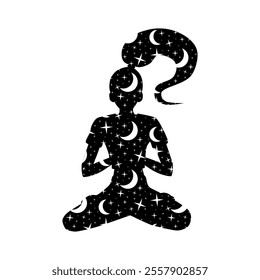 A silhouette of a woman with a ponytail in a lotus position. A black shape decorated with white stars and moons, isolated on a white background. Yoga, concentration, meditation. Lifestyle and sports.