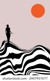 The silhouette of a woman poses below the sun and above an op art pattern.