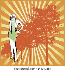 silhouette of woman posing on a background with trees and orange stripes