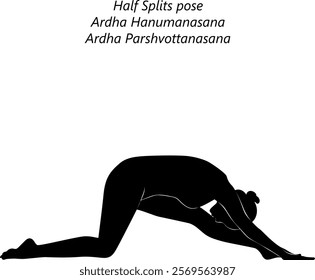 Silhouette of woman practicing Ardha Hanumanasana yoga pose. Half Splits pose or Half Divine Monkey pose. Isolated vector illustration