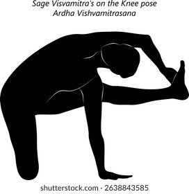 Silhouette of woman practicing Ardha Vishvamitrasana yoga pose. Sage Visvamitra on the Knee yoga pose. Isolated vector illustration