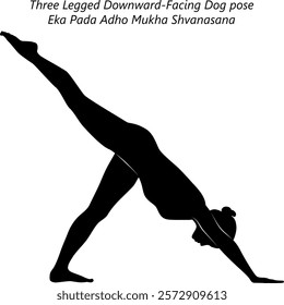 Silhouette of woman practicing Eka Pada Adho Mukha Shvanasana yoga pose. Three Legged Downward-Facing Dog pose. Isolated vector illustration