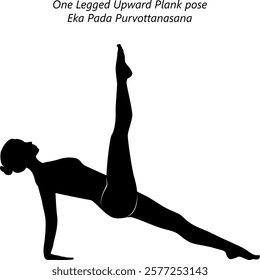 Silhouette of woman practicing Eka Pada Purvottanasana yoga pose. One Legged Upward Plank pose. Isolated vector illustration