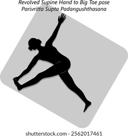 Silhouette of woman practicing Parivritta Supta Padangushthasana yoga pose.Revolved Supine Hand to Big Toe pose. Isolated vector illustration