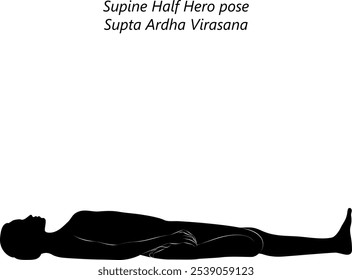 Silhueta da mulher que pratica Supta Ardha Virasana ioga pose. Suine Hero pose ou Half Saddle pose. Ilustração isolada de vetor