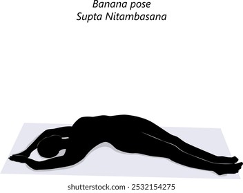 Silhueta da mulher que pratica Supta Nitambasana ioga pose. Meia-lua em forma de banana ou meia-lua em forma de supino. Dificuldade para iniciantes. Ilustração isolada de vetor