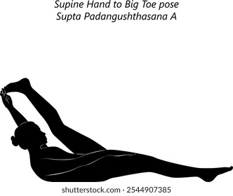 Silhueta de mulher praticando Supta Padangushthasana Uma pose de ioga. Mão supina para o pé grande pose. Dificuldade Intermediária. Ilustração isolada de vetor