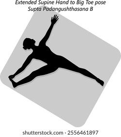 Silhouette of woman practicing Supta Padangushthasana B yoga pose.Extended Supine Hand to Big Toe pose. Isolated vector illustration