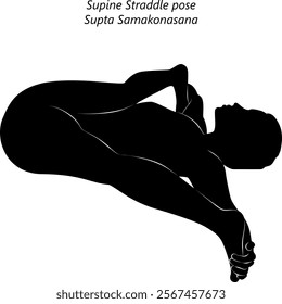 Silhouette of woman practicing Supta Samakonasana yoga pose. Supine Straddle pose or Reclining Straddle pose.Isolated vector illustration