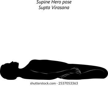 Silhueta de mulher praticando supta virasana ioga pose. Suine Hero pose ou Saddle pose. Dificuldade Intermediária. Ilustração isolada de vetor