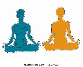 silhouette of a woman practicing yoga, black and color drawing on a white background
