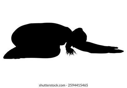 Silhouette of a woman practicing yoga child's pose variation stretching arms forward. Vector illustration