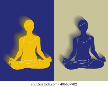 silhouette of a woman practicing yoga, color drawing with vector shadow