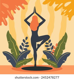 Silhouette of Woman is Practicing Yoga Pose Sport Meditation with Leaf Plant