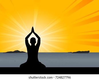 Silhouette of woman practicing yoga position in sunrise