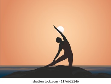 A silhouette of a woman practicing yoga at sunset. Gate Pose. Parighasana.