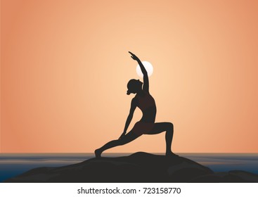 Eine Silhouette einer Frau, die bei Sonnenuntergang Yoga praktiziert. Gegenkrieger-Pose. Friedlicher Krieger.