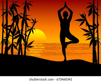 Silhouette of woman practicing yoga tree position in sunset