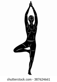 silhouette of a woman practicing yoga,black and white drawing on a white background
