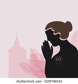 Silhouette of woman praying to God on a pink background with Illustration church and palm . Christian Religion concept.