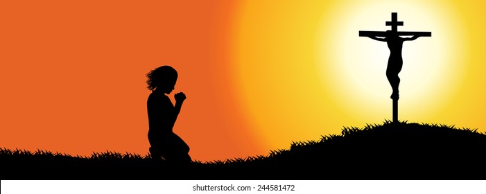 Silhouette of a woman praying under the cross-time line cover-Vector illustration 