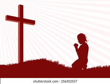 Silhouette of a woman praying under the cross-Vector illustration 