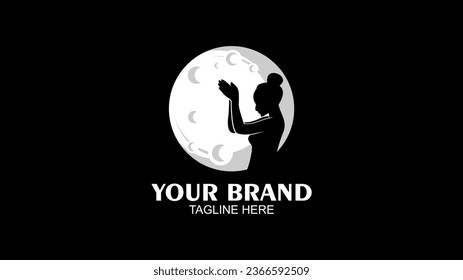 silhouette of a woman praying under the moon with beautiful shapes and vectors on a dark background