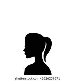 Silhouette of a woman in profile with a ponytail on a white background. Minimalist female portrait suitable for avatars, icons, infographics, or editorial design.