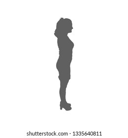 Silhouette of a woman in profile. Skirt, shoes, hair pulled back in a ponytail, bun, bundle.