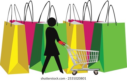 Silueta de una mujer empujando un Carrito de compras rodeado de bolsos de compras coloridos