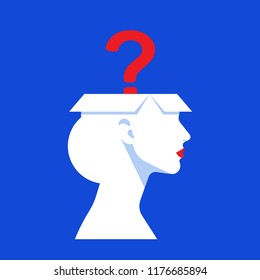 Silhouette of a woman with a question mark. The concept of a difficult decision, many questions, lack of knowledge, problems and misunderstandings. Vector illustration.