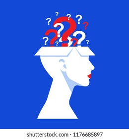 Silhouette of a woman with a question mark. The concept of a difficult decision, many questions, lack of knowledge, problems and misunderstandings. Vector illustration.