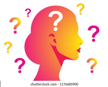 Silhouette of a woman with a question mark. The concept of a difficult decision, many questions, lack of knowledge, problems and misunderstandings. Vector illustration.