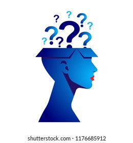 Silhouette of a woman with a question mark. The concept of a difficult decision, many questions, lack of knowledge, problems and misunderstandings. Vector illustration.