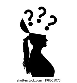 silhouette of woman with question marks above her head
