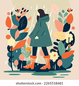 Silhouette of a woman in a raincoat and colorful rain boots walking in a spring rain. Spring flat illustration 