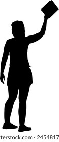 Silhouette of a woman with raised hand on a white background.