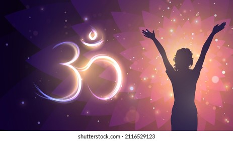 Silhouette of a woman with raised hands against the background of a sparkling pattern and the sign Om